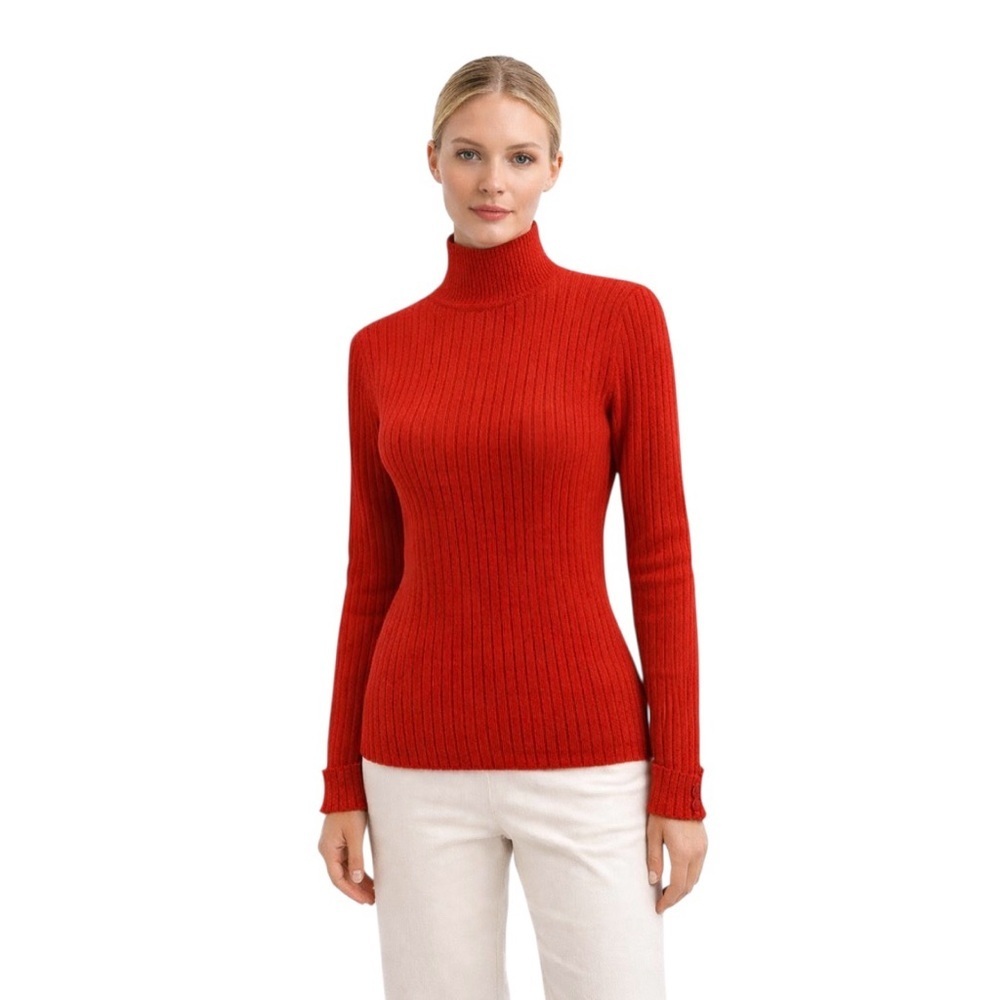 Tommy Hilfiger Red Ribbed Mock Neck Cotton Sweater Womens L Holiday Winter Chic